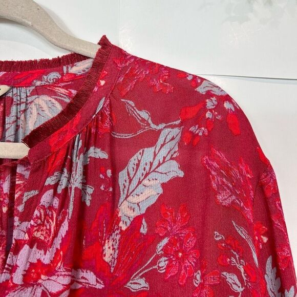 Lucky Brand Blouse Women's XL Red Split Neck Floral Long Sleeve Peasant Top Boho - Picture 6 of 13